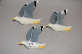 Three mid century graded wall mounted novelty sea gulls.