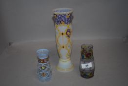 Three pieces of hand decorated art glass including enamel vase and Bohemian style vase