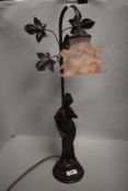 A bronze effect figural lamp base with rose light shade