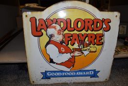 A vintage enamel Landlords fayre good food award advertising sign.
