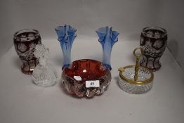 A selection of art glass including a pair of cranberry cut glass vase and Whitefriars style dish