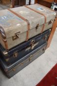 Three assorted travel trunks/cases