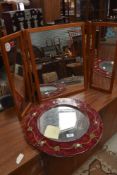 Two vintage mirrors including circular with tile surround and teak effect triptych