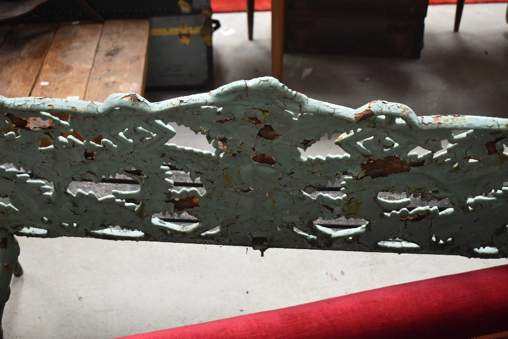 A Victorian cast iron bench in the manner of Coalbrookdale, fern and berry design, overpainted, - Image 6 of 7