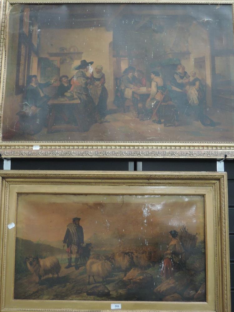 Two Victorian aquatint prints, bar interior scene and Scottish shepherd scene, each within moulded