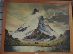 A large mid-century oil on board, continental mountainous lakes scene, indistinctly signed lower