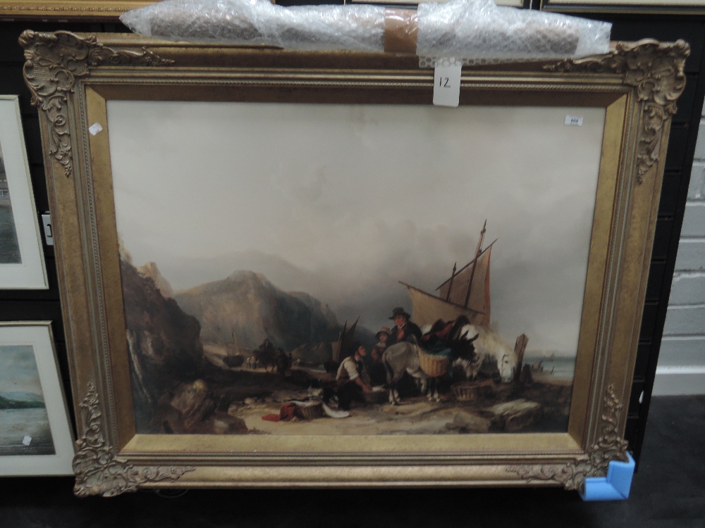 After William Shayer (1787-1879) a large polychrome print, coastal landscape with fishermen,