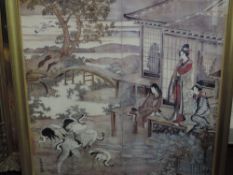 A large modern Japanese design polychrome print, depicting Geisha in a coastal garden setting with