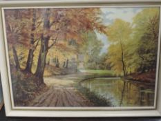 (20th century), a print, autumnal woodland, 55 x 77cm, framed and glazed