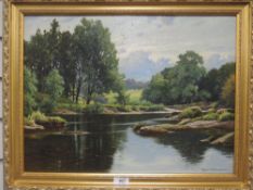Reginald Aspinwall (British 1855-1921) oil on canvas, meandering river scene, signed and dated