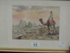 A modern watercolour, camel rider with Persian city in the distance, initialled M and dated 95 lower