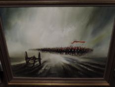 John Bampfield (British b1947) oil on canvas, 19th century military march, signed lower left, within