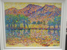 Paul Stephens, (contemporary), Lake and mountains Early Morning Sun, signed and attributed verso, 40