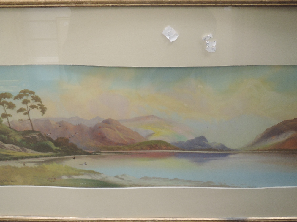Roland Stead, (20th century), a gouache painting, lake view, signed, 28 x 70cm, framed and glazed