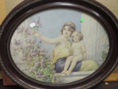 (19/20th century), a pair of prints, oval, Edwardian mother and child floral selfie, 39 x 40cm,