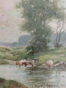 Reginald Aspinwall, (1858-1921), a mixed media painting, cattle in stream, signed, 13 x 11cm,