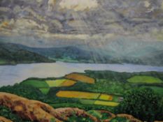 A large modern armature oil on canvas, elevated lake scene, initialled JR lower right, unframed,