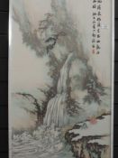 A modern Chinese embroidered silk picture, embellished in watercolours, cascading waterfall with