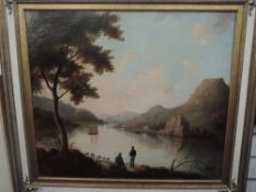 A 19th century style oil on canvas, romanticized lake scene with figures and boat, unsigned within a
