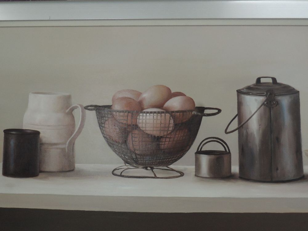 A large modern oil on canvas, still life study in muted tones, signed 'Venlent' lower right,