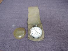 A silver plated WW2 Helvetia Pocket Watch in case with cloth pouch