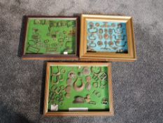 Three framed display of Detector Finds, frame 1 is glazed includes various Buckles 15th to 19th