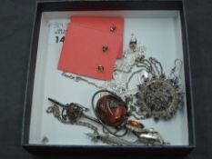 A small selection of HM silver and white metal stamped 925 including Baltic Amber brooch, chains,