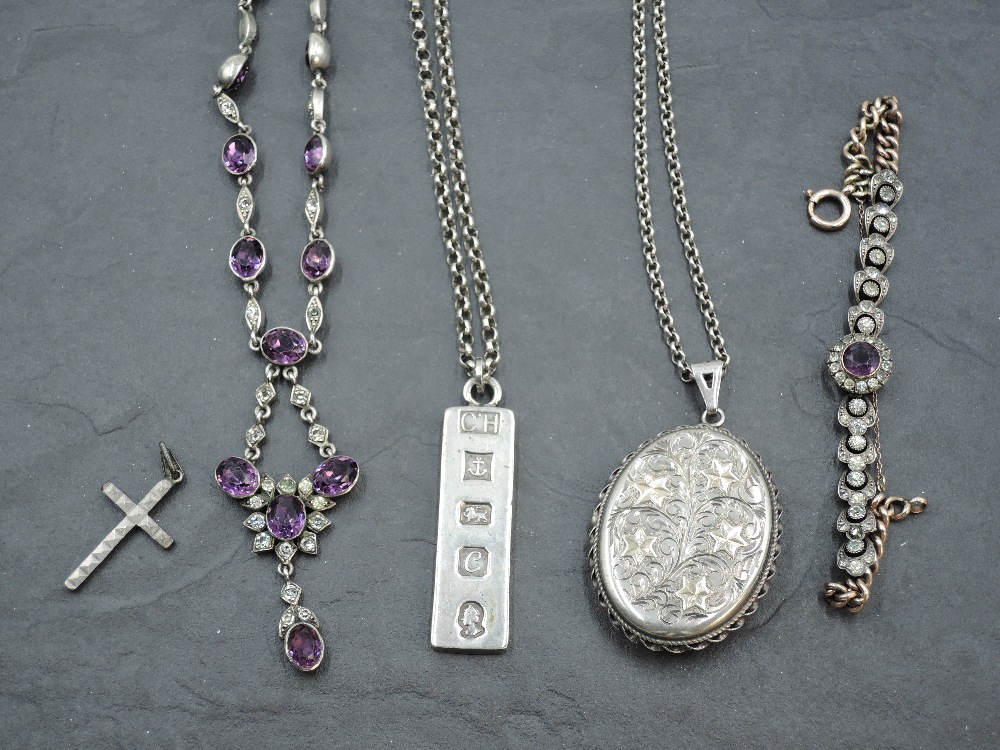 A small selection of HM silver and white metal jewllery including Silver Jubilee ingot pendant and