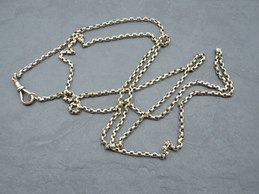 A yellow gold muff chain stamped 9ct having dog leash clasp, approx 50' & 33.9g