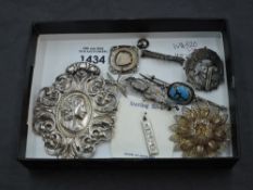 A selection of HM silver and white metal jewellery stamped silver including brooches, ingot