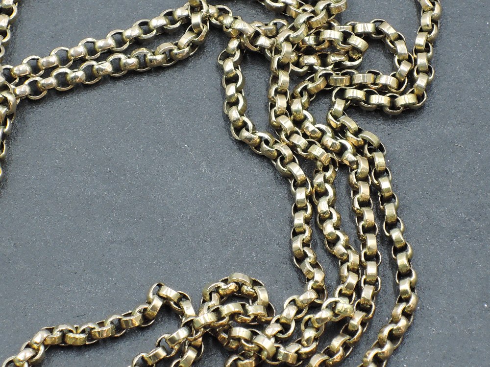 A yellow metal belcher link muff chain bearing plaque stamped 9C, with a rolled gold glass locket, - Image 2 of 2