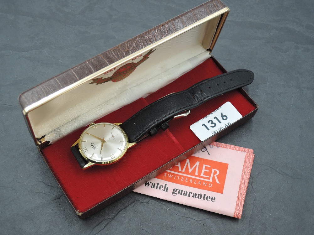 A gent's 1960's gold plated wrist watch by Roamer having baton and Arabic numeral dial and