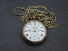 A gold plated top wound pocket watch by Thomas Russell & Son having Roman numeral dial with