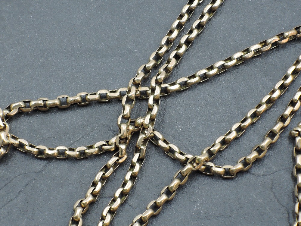 A yellow gold muff chain stamped 9ct having dog leash clasp, approx 50' & 33.9g - Image 2 of 2