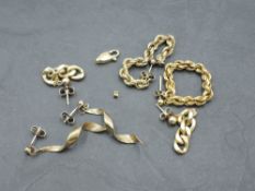 Three pairs of 9ct gold stud earrings including rope chain loop, chain drop and spiral, approx 7.4g