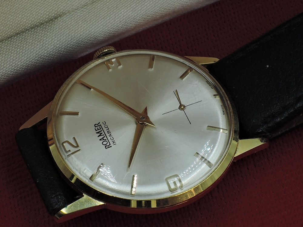 A gent's 1960's gold plated wrist watch by Roamer having baton and Arabic numeral dial and - Image 2 of 3