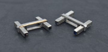 A cased pair of 9ct white gold and sapphire Art Deco style cufflinks of bar form, approx 7.4g