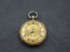 A Victorian 18ct gold ladies key wound pocket watch having Roman numeral dial to engraved gold