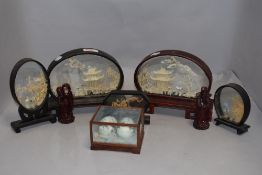 Five early 20th century hand carved caulk wood dioramas of fantasy landscapes etc