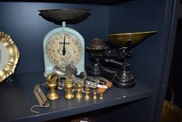 A selection of kitchen wares including Salter scale and balance scale set with brass weights