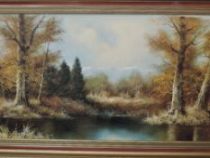 (20th century) an oil painting, autumnal woodland and river, indistinctly signed, 48 x 99cm, framed,