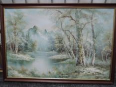 Roger Brown, (20th century), river, wood and mountain, indistinctly signed 60 x 90cm, framed 67 x