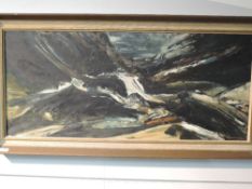 Fenwick Pattinson, (20th century), an oil painting, styised mountain landscape, signed bottom right,