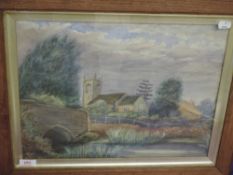 (20th century), a watercolour, church and river, 31 x 41cm, framed, 43 x 53cm