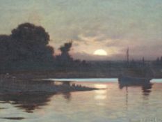 Reginald Aspinwall, (1858-1921), an oil painting, harvest moon river scene, signed and dated 1893,
