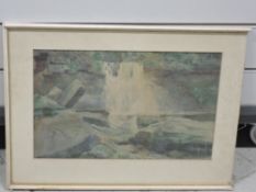 (20th century), a watercolour, a waterfall, indistinctly signed, 24 x 36cm, mounted part framed
