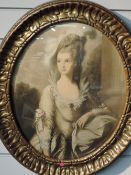(19th), a print, convex oval, Gainsborough's The Right Hon Mrs Graham, 48 x 38cm, moulded frame