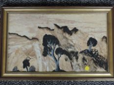 (20th century), a multi media picture, bark trees, 22 x 36cm, framed and glazed, 27 x 42cm, and a