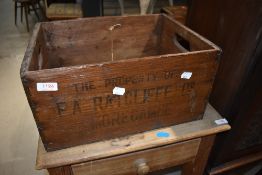 A vintage wooden pop or food crate, branded for F A Ratcliffe, Morecambe, approx. 42 x 31 x 21cm