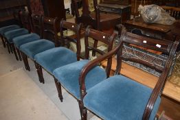 A set of seven (six plus one) 19th Century mahogany dining chairs, having turned rail back , nice